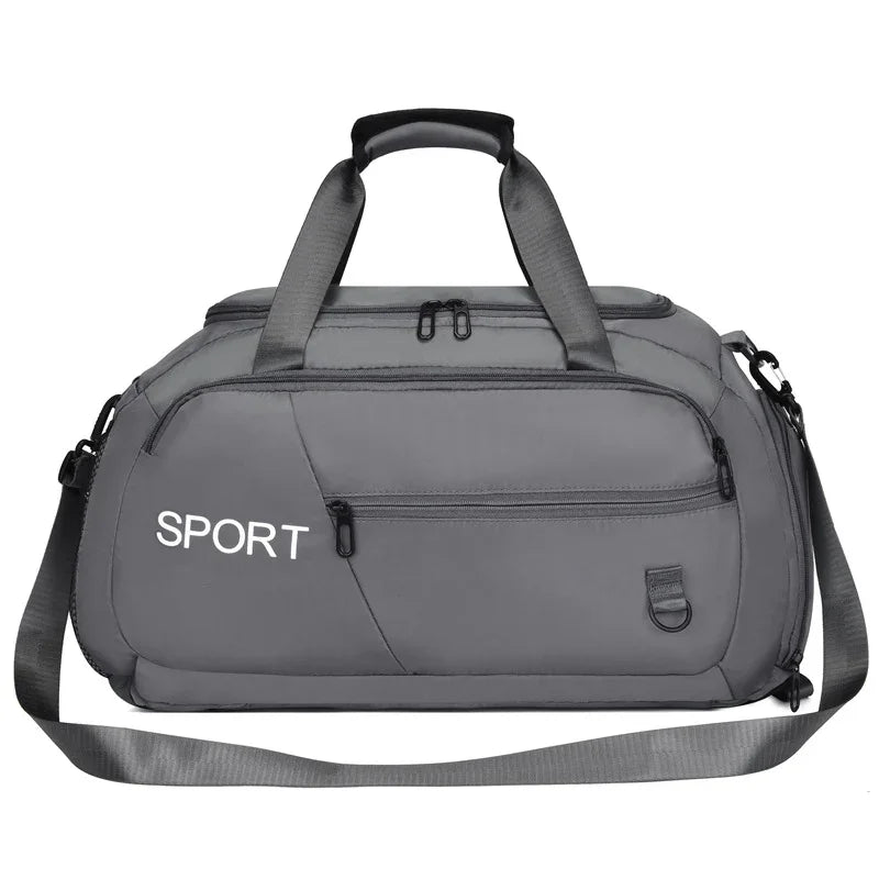 Gray sport duffel bag with shoulder strap, ideal for gym or travel
