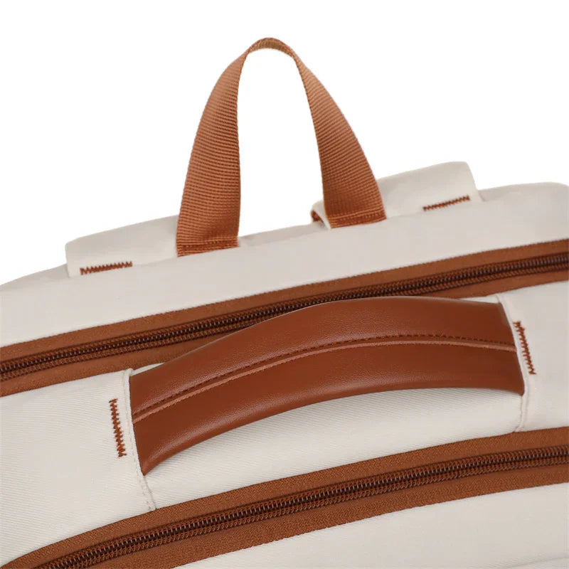 Stylish white and brown travel bag with durable zippers and ergonomic handles for wrinkle-free packing