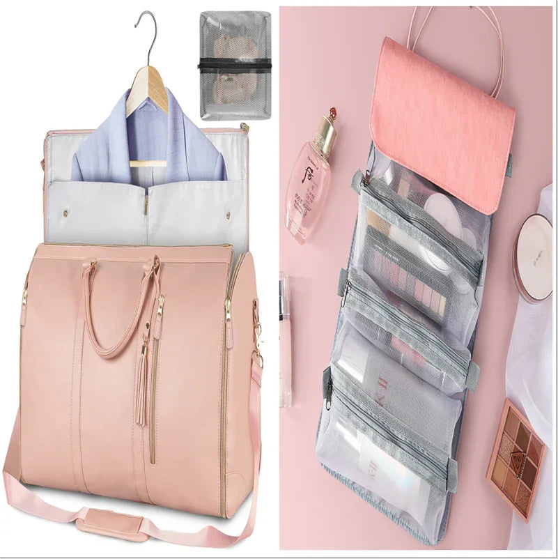 Pink travel duffel bag with hanging garment compartment and mesh cosmetic organizer for wrinkle-free packing
