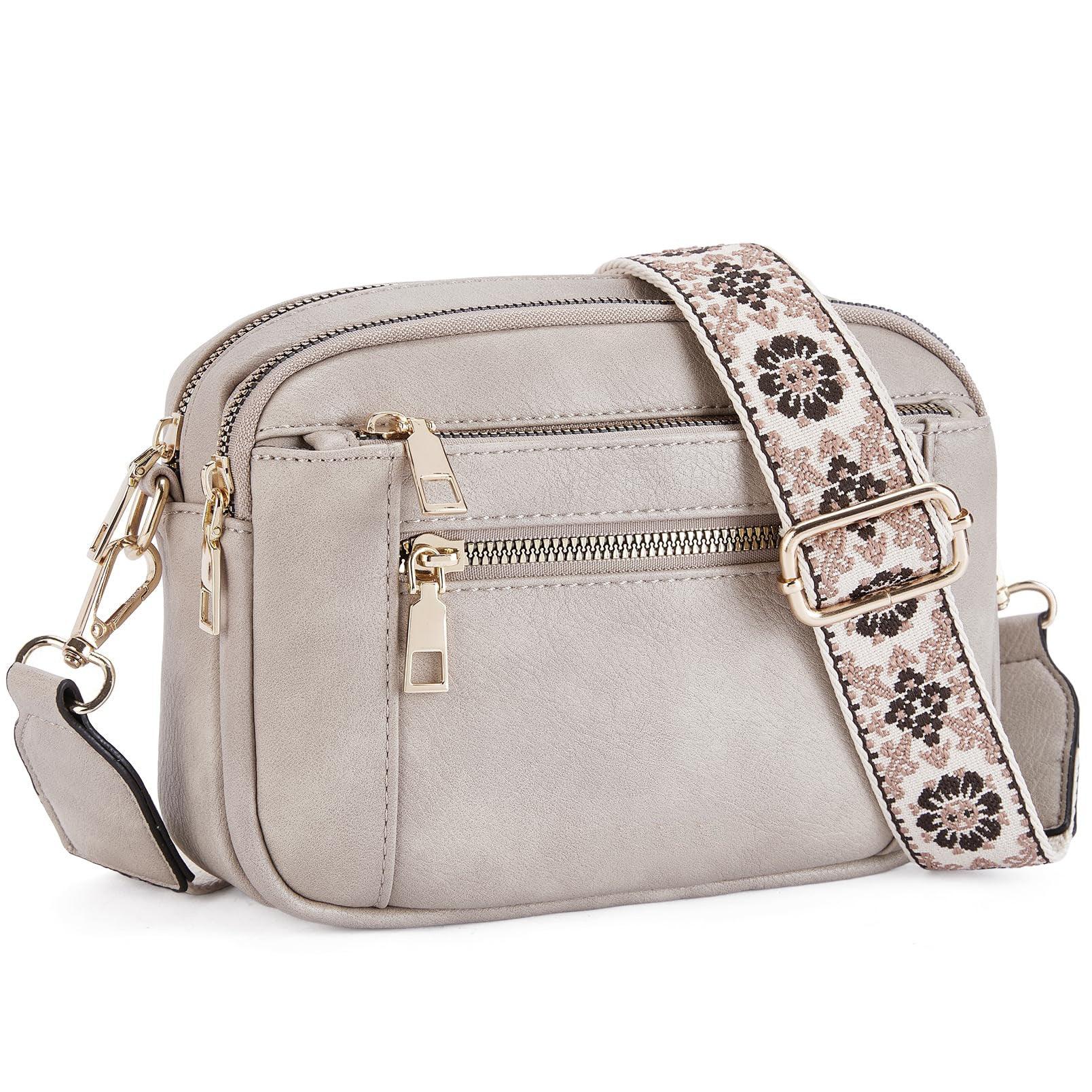 Beige crossbody bag with floral strap, multiple zippers, and gold hardware for women's fashion travel