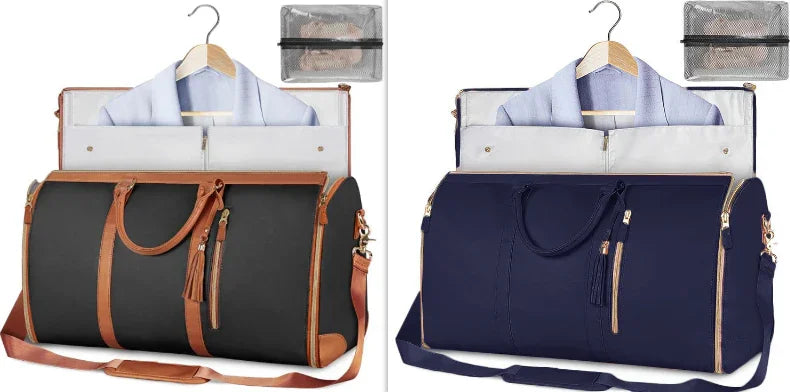 Stylish travel duffel bags with hanging garment compartments to prevent wrinkles, ideal for men and women.