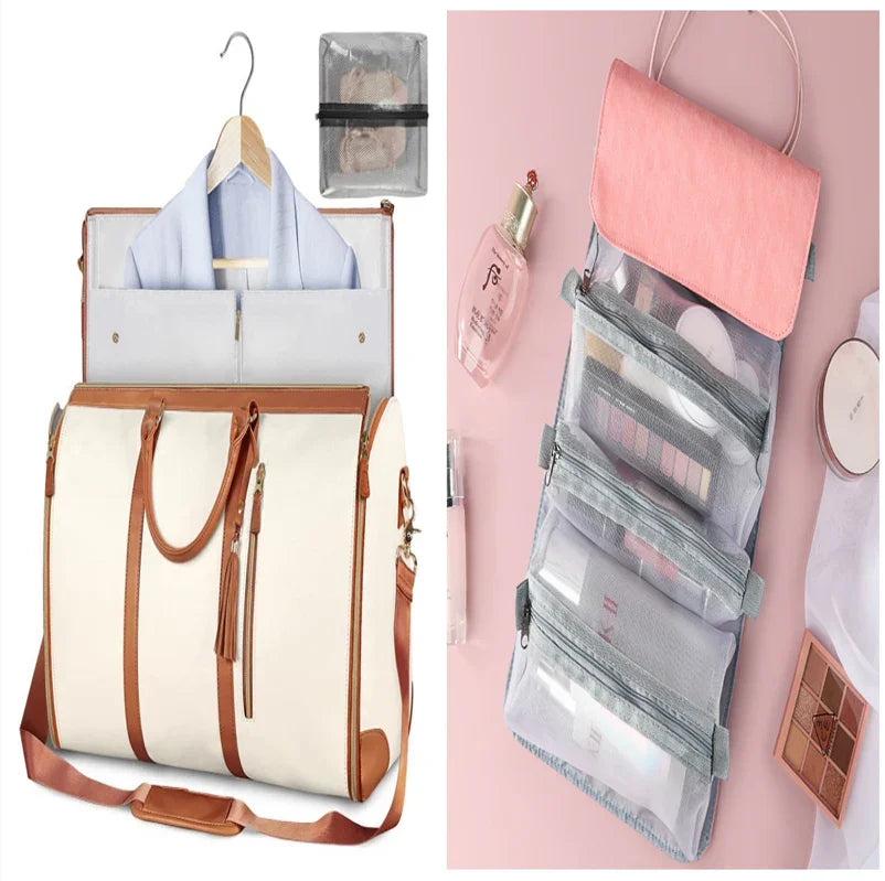 Premium travel duffel bag with hanging garment compartment and clear cosmetic organizer for wrinkle-free packing