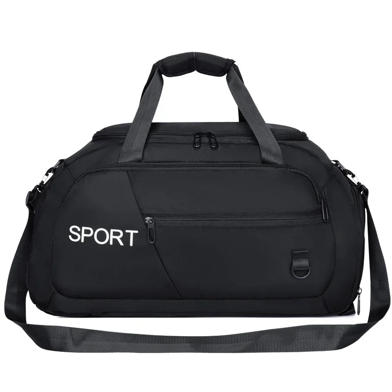 Black sport duffel bag with shoulder strap, ideal for gym or travel, featuring durable design and multiple pockets.