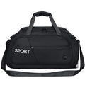 Black sport duffel bag with shoulder strap, ideal for gym or travel, featuring durable design and multiple pockets.