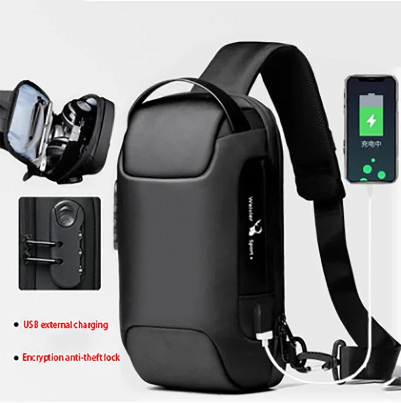 Black smart travel bag with USB charging and anti-theft lock for men and women
