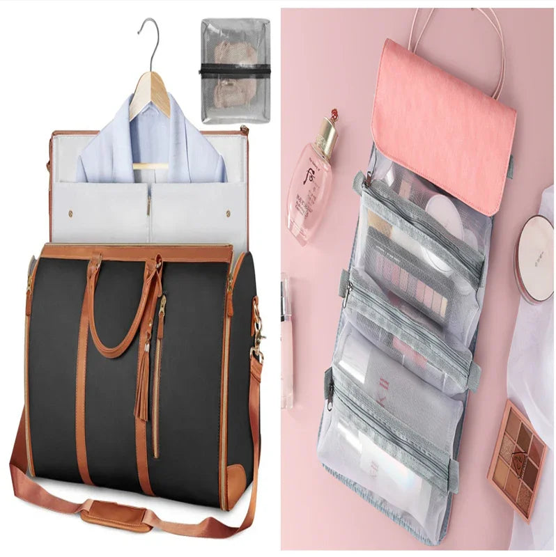 Stylish travel bag with wrinkle-free clothing organizer and hanging makeup pouch for smart travel