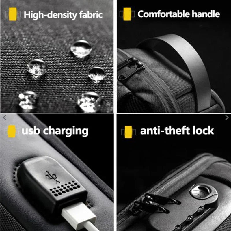 Durable travel bag with waterproof fabric, USB charging port, anti-theft lock, and comfortable handle