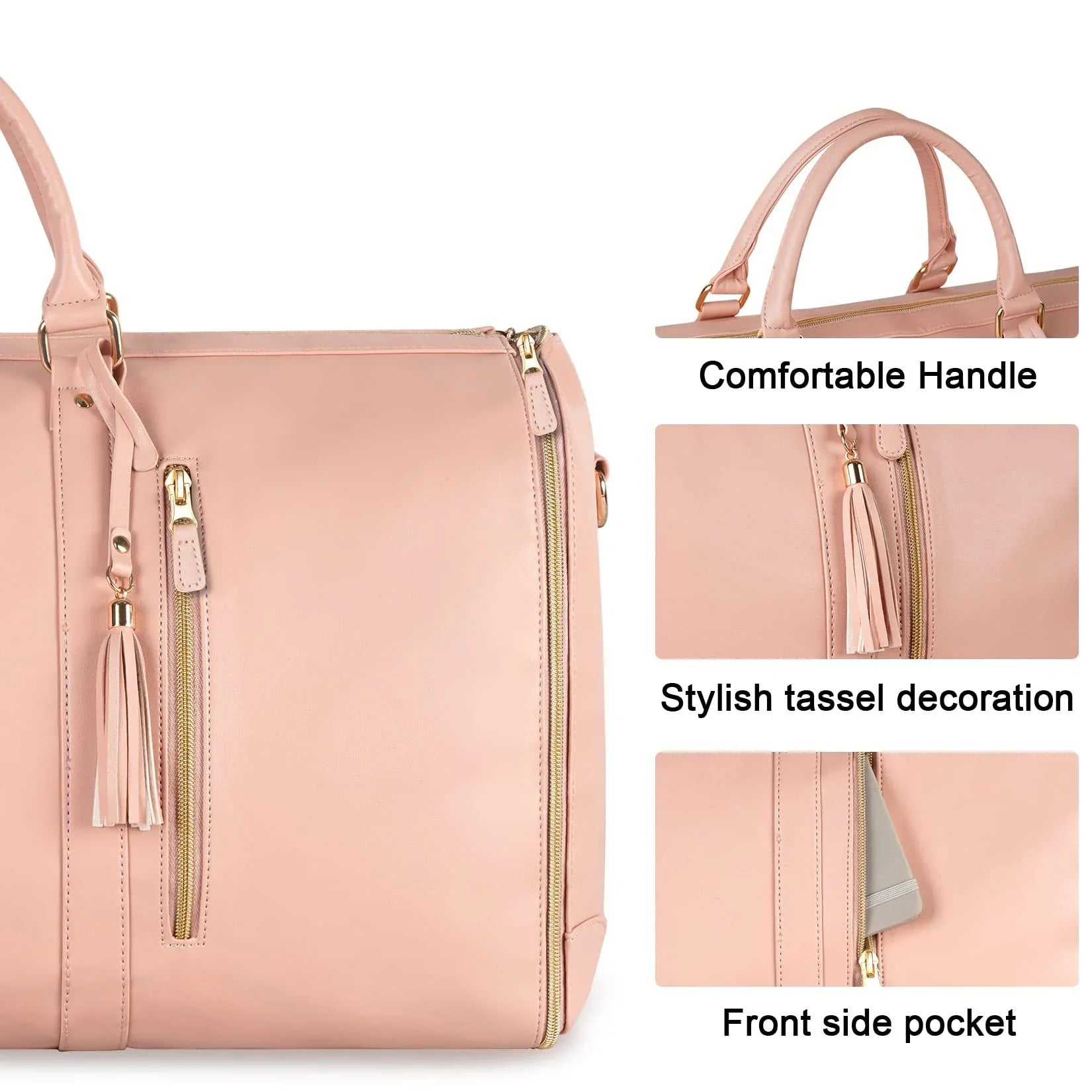 Pink travel bag with tassel, front pocket, and comfortable handle for stylish trips