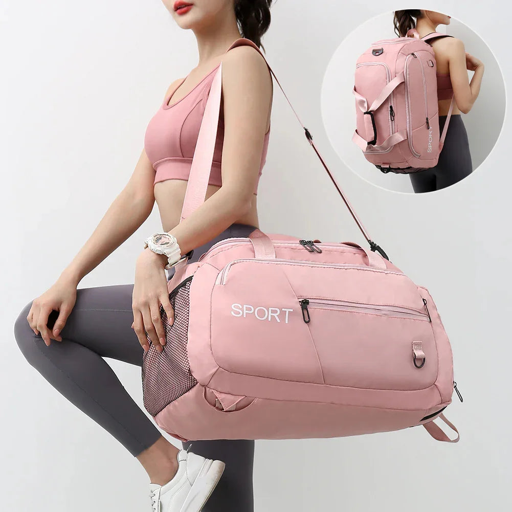 Pink sport duffel bag with shoulder strap, ideal for gym, travel, and fitness. Features mesh side pocket and backpack mode.