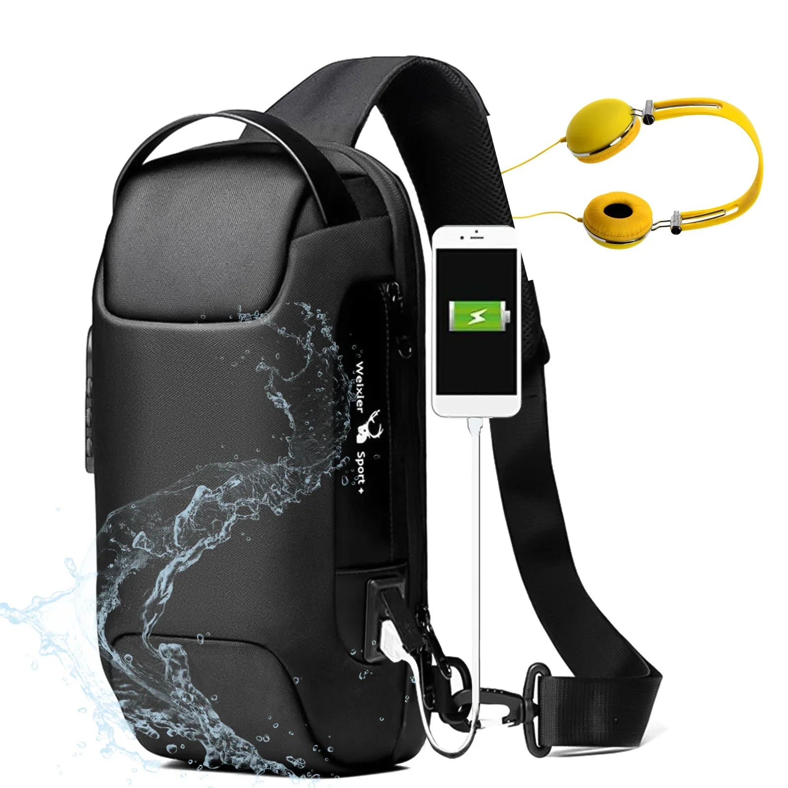 Waterproof black sling bag with USB charging, phone, and yellow headphones for travel