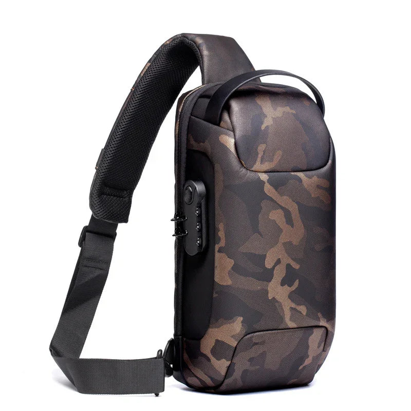 Camouflage sling bag with adjustable strap and secure zipper, ideal for travel and daily use.