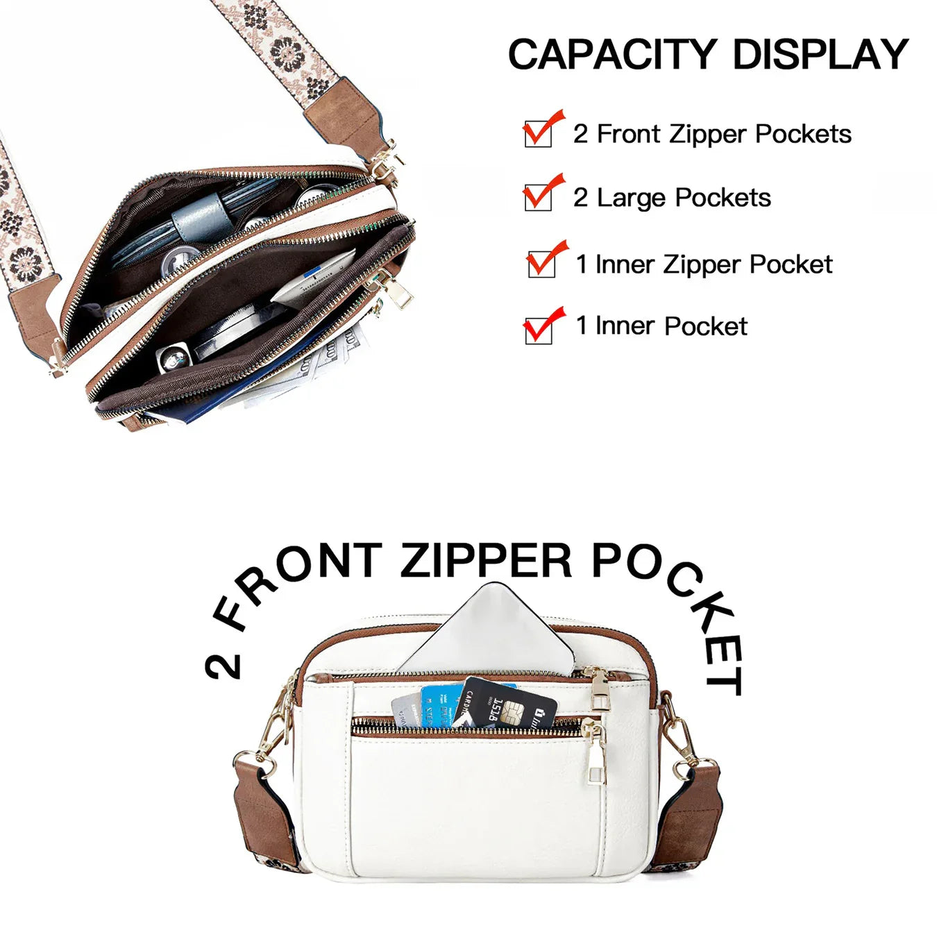 White crossbody bag with floral strap, 2 front zipper pockets, large compartments, and inner pockets for organized storage