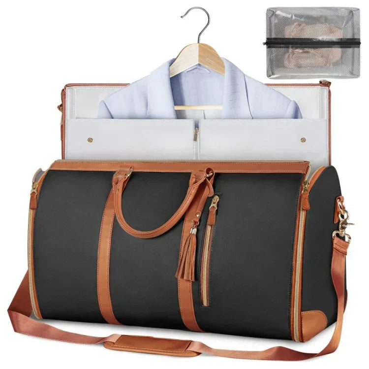 Black and tan duffel travel bag with hanging garment compartment, ideal for wrinkle-free packing and stylish travel.