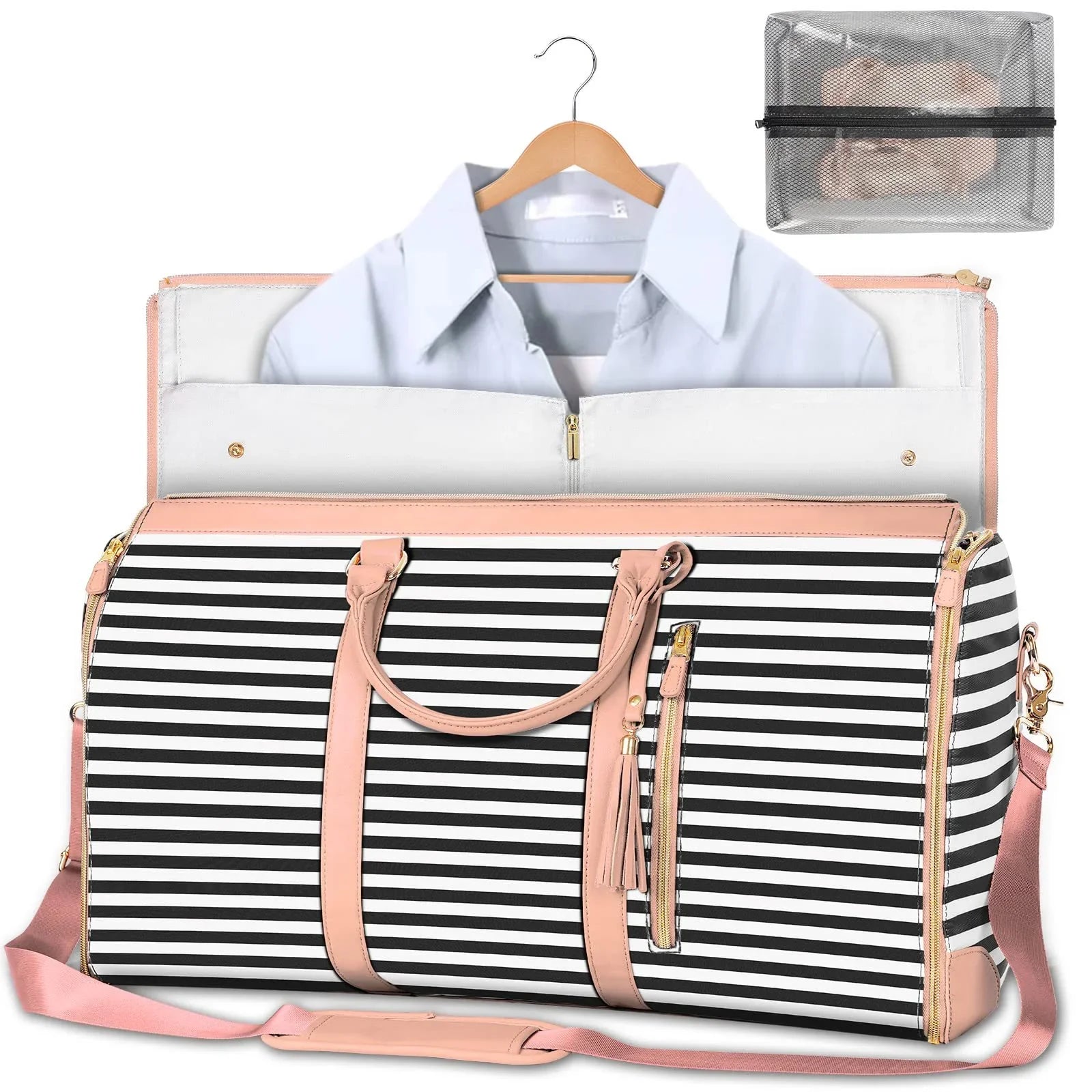 Striped travel duffel bag with pink handles, holds wrinkle-free shirt on hanger, includes mesh packing cube