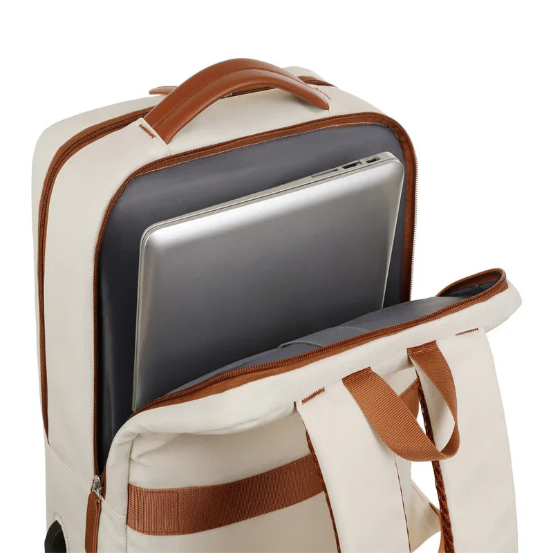 Cream and brown travel backpack with laptop compartment, stylish and durable for men and women