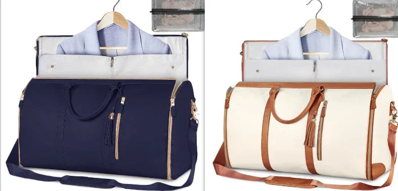 Navy and cream travel duffel bags with garment compartment, perfect for wrinkle-free packing and stylish travel.