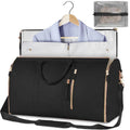 Black travel duffel bag with gold zippers, holding a suit on hanger, includes mesh packing cube for organized trips