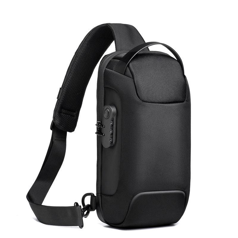 Black slim travel sling bag with adjustable strap and side zipper pocket, ideal for men and women