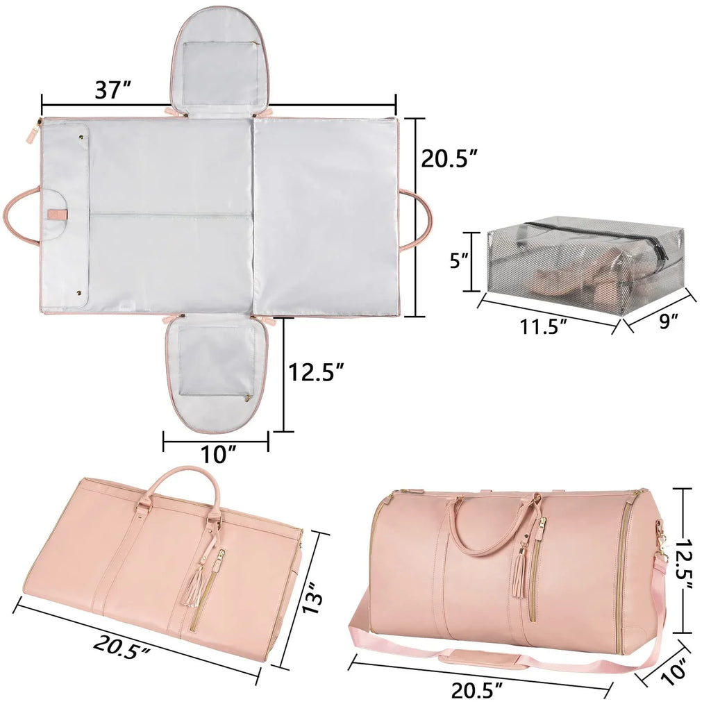 Pink travel bag with dimensions, featuring wrinkle-resistant design and mesh organizer for stylish trips.