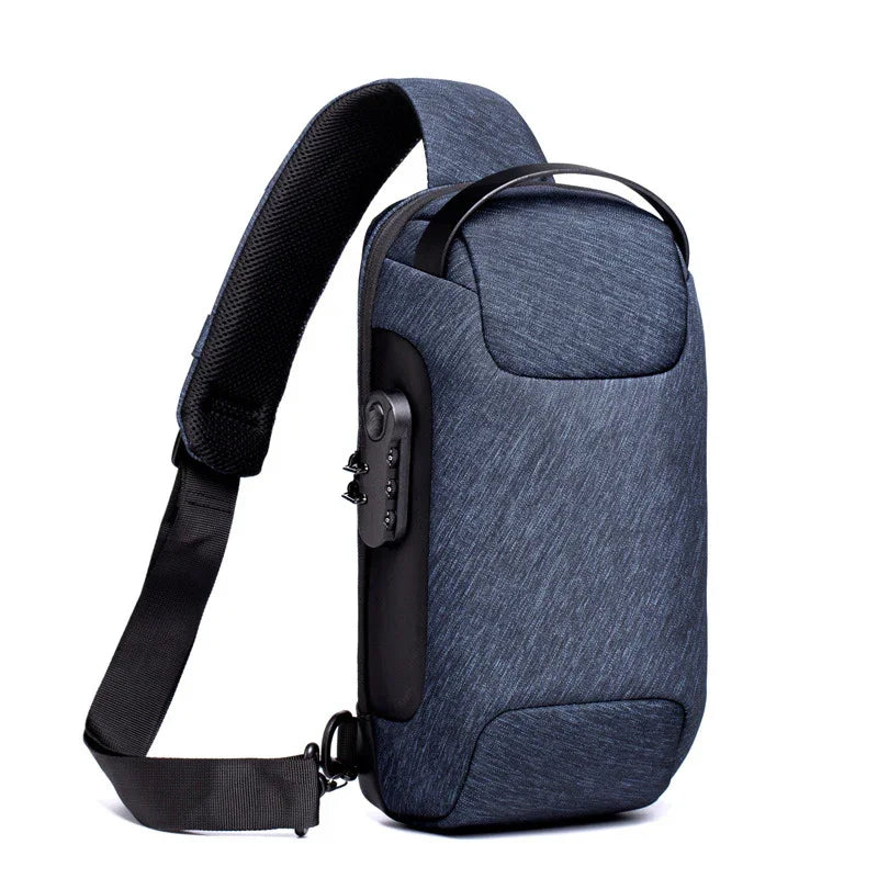 Stylish blue crossbody bag with secure lock, ideal for travel and daily use