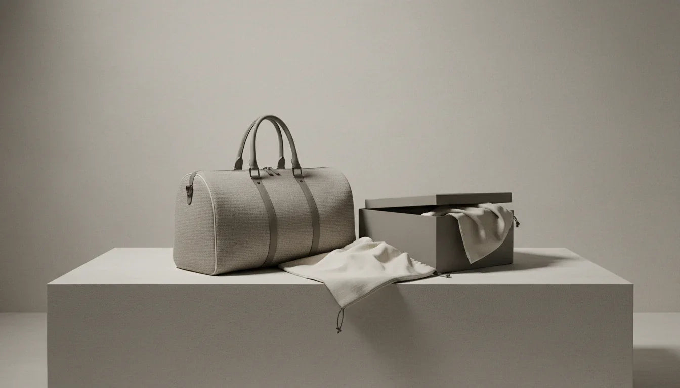 Stylish beige duffel bag with matching storage box and cloth, ideal for travel and fashion
