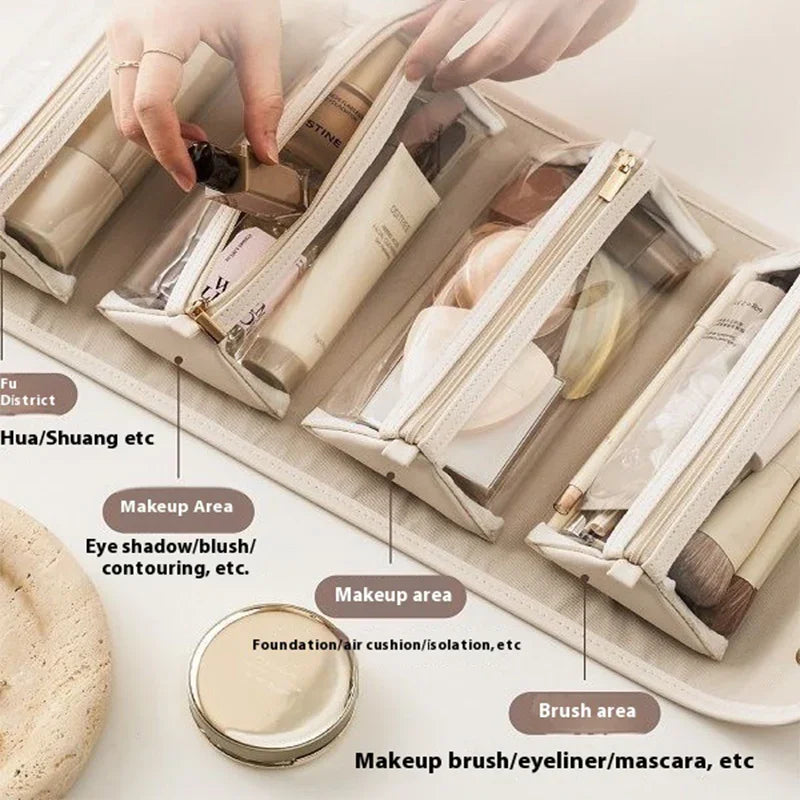 Organized travel makeup bags with compartments for brushes, foundation, and eyeshadow