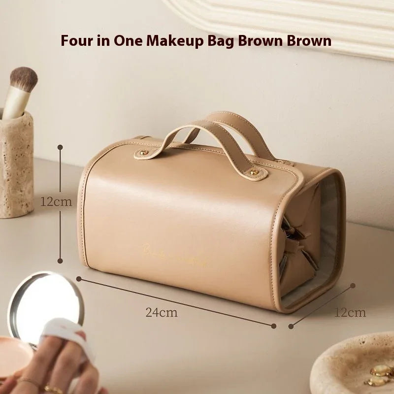 Beige 4-in-1 makeup bag with 24cm length, travel-friendly cosmetic organizer for women, stylish vanity case