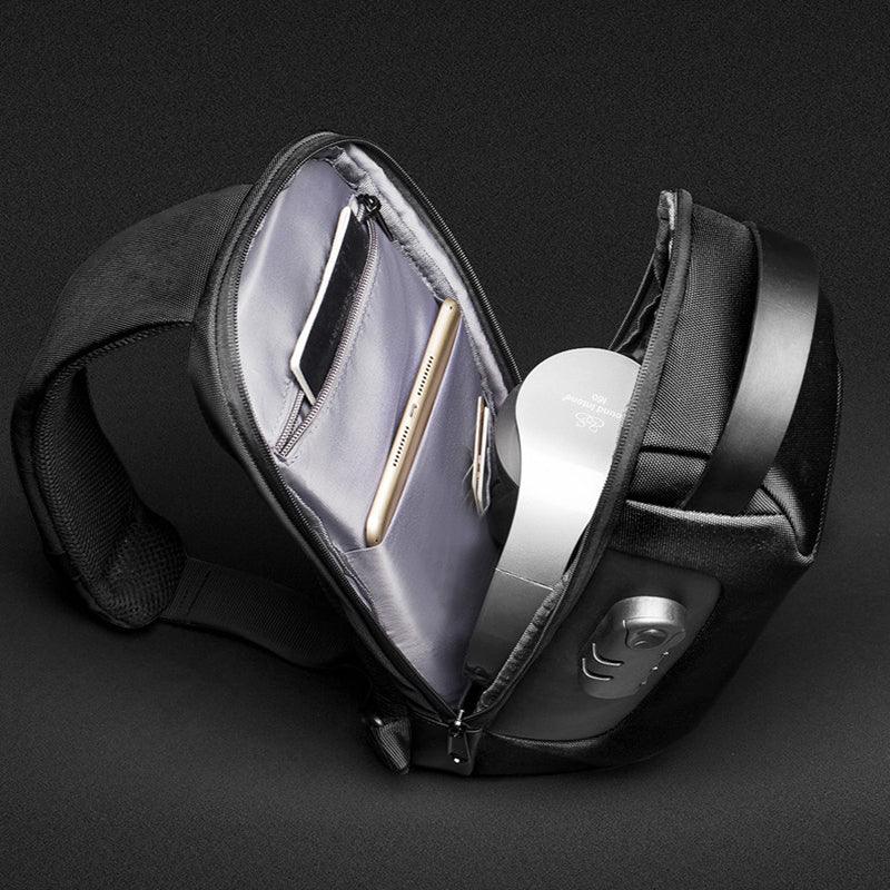 Black waist bag with phone and power bank inside, sleek travel accessory for men and women