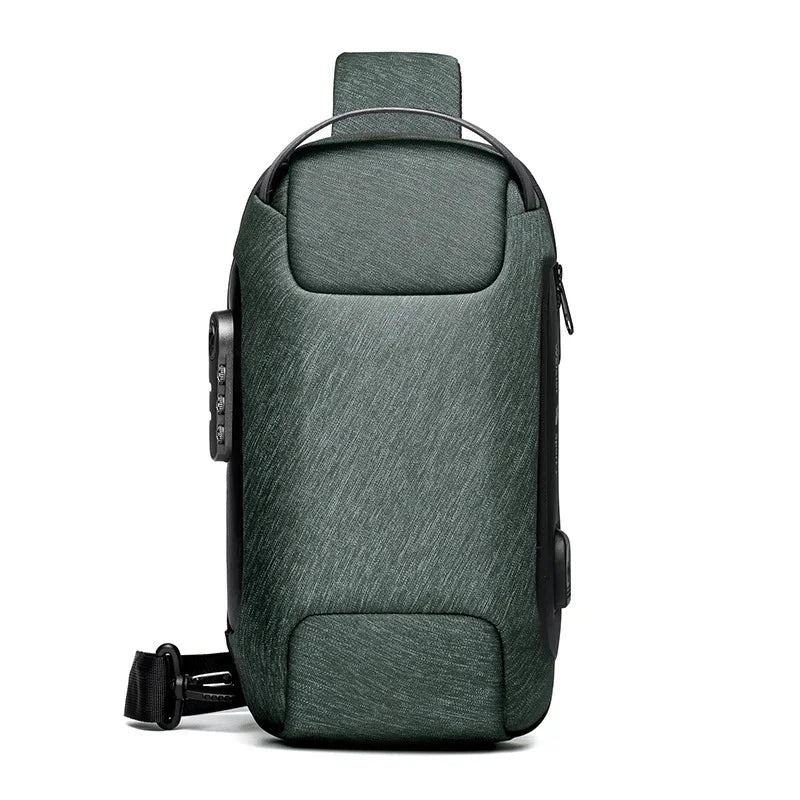 Dark green textured sling bag with side pockets and adjustable strap, ideal for travel and daily use.