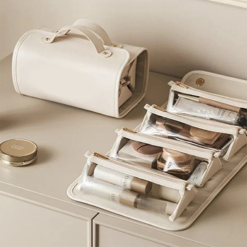 Cream travel makeup organizer with clear compartments and stylish carry case