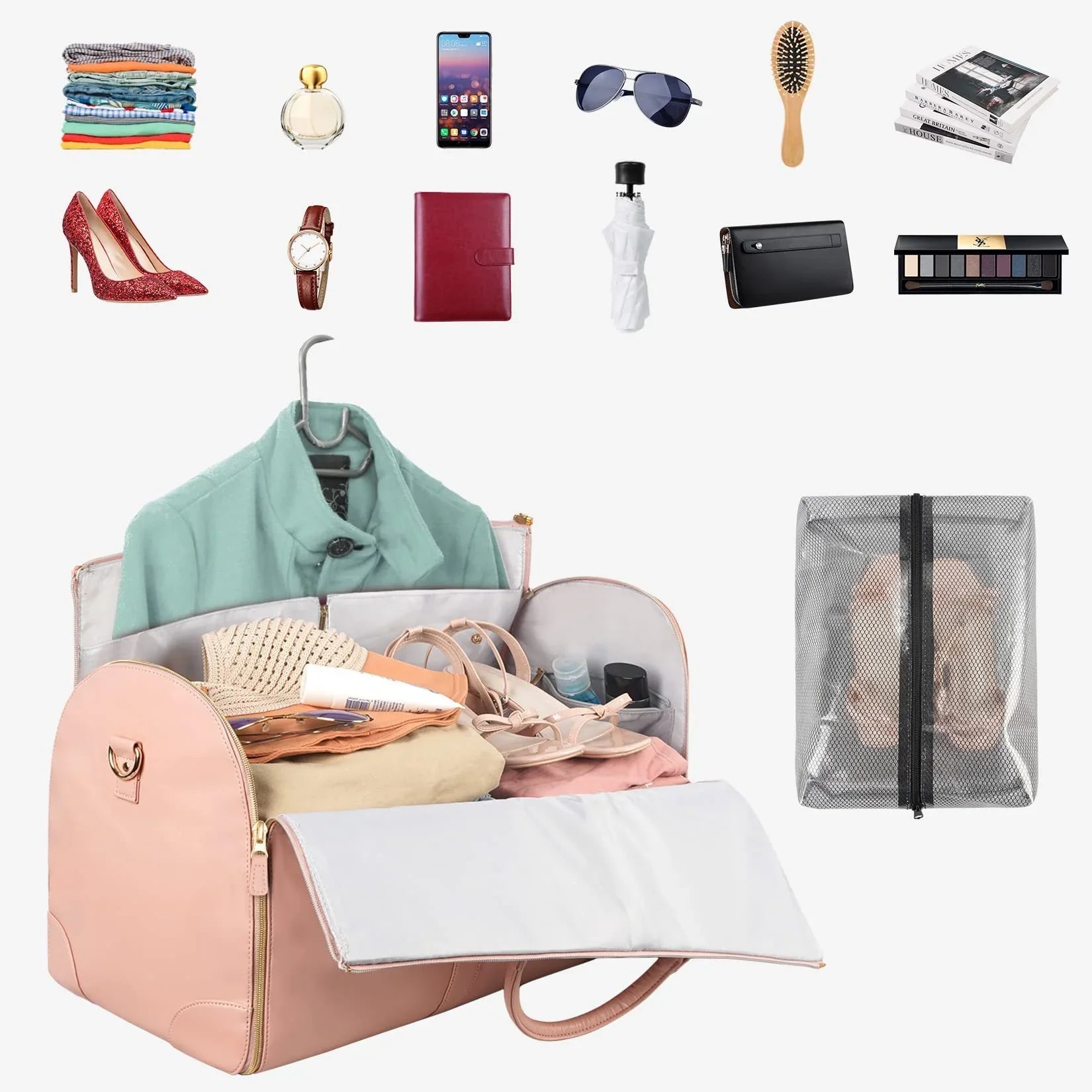 Pink travel bag with organized compartments, holding clothes, shoes, and accessories for stylish trips.