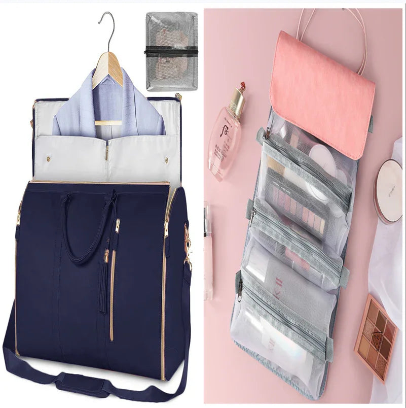 Navy travel bag with hanging garment compartment and clear cosmetic organizer for wrinkle-free packing