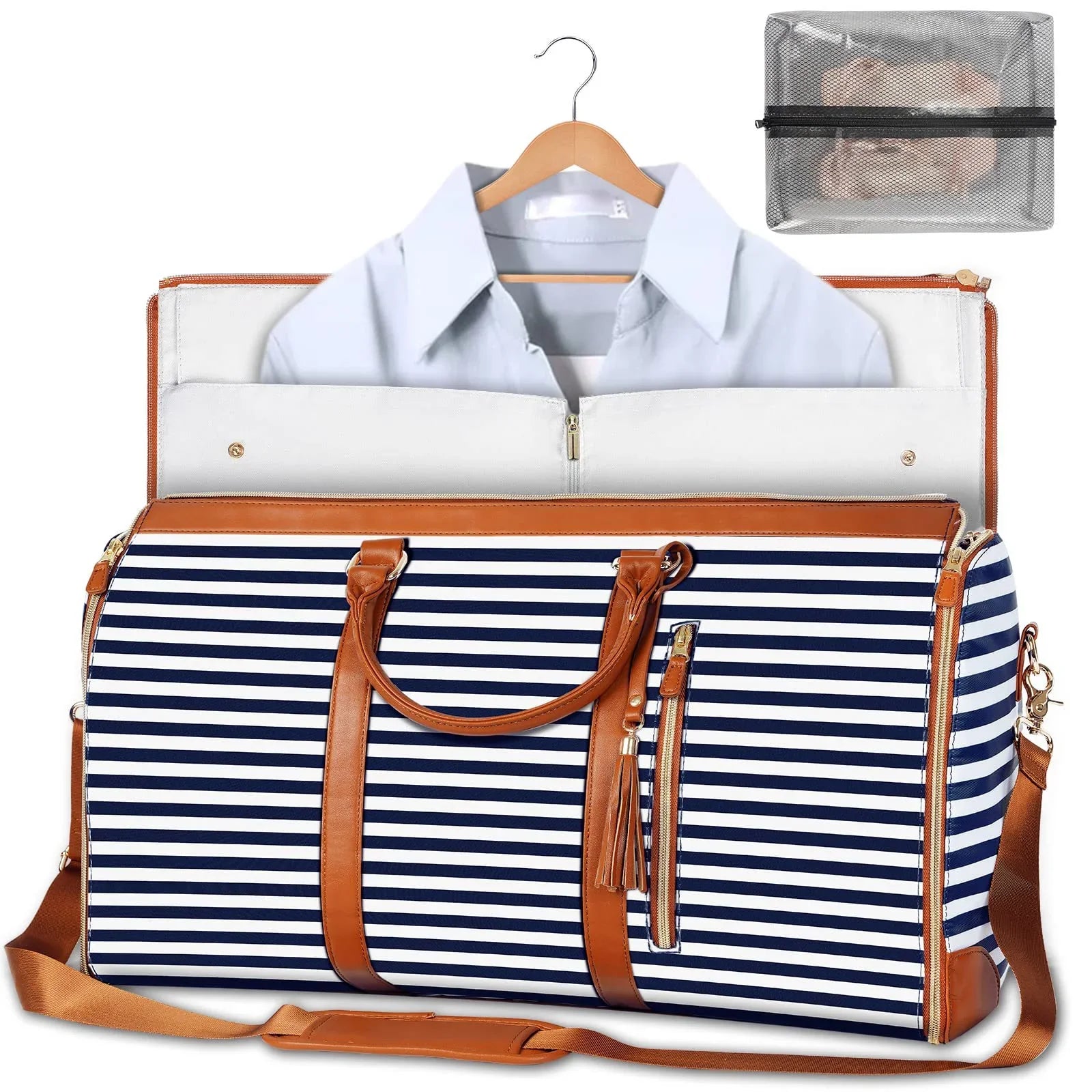 Striped travel duffel bag with hanger compartment and mesh pouch for wrinkle-free clothes storage