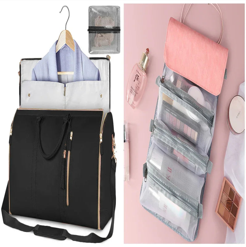 Black travel bag with hanger and pink hanging organizer for cosmetics and toiletries