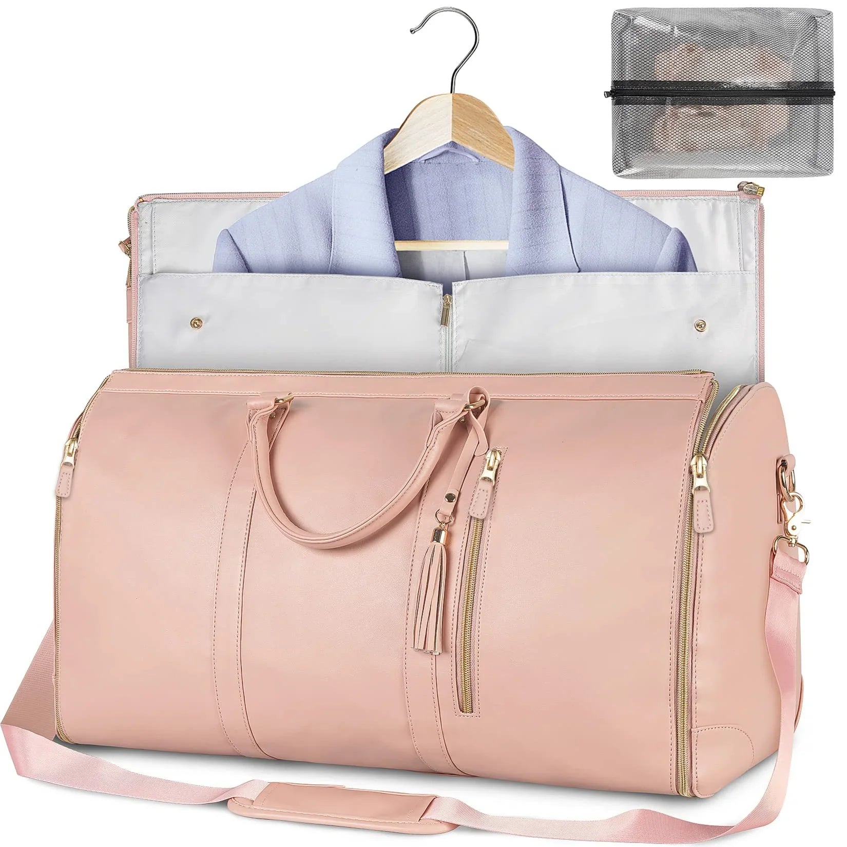 Pink travel duffel bag with garment compartment, hanger, and mesh pouch for wrinkle-free packing