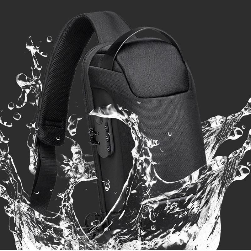 Waterproof black travel backpack with splash protection, ideal for men and women on the go