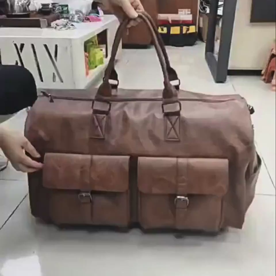 Convertible leather garment duffel bag for travel and business suits