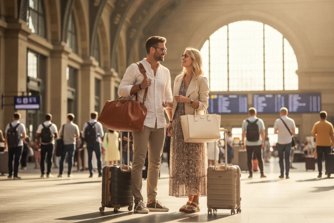 Couple with stylish travel bags at train station, ready for journey